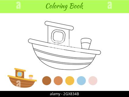 Bild ausmalen Boot für Kinder. Pädagogische Aktivitätsseite für Kinder im Vorschulalter und Kleinkinder mit Transport. Druckbares Arbeitsblatt. Cartoon bunt Stock Vektor