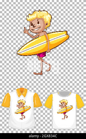 Junge hält gelbe Surfbrett Cartoon-Figur mit zwei Arten von Shirts auf transparentem Hintergrund Stock Vektor