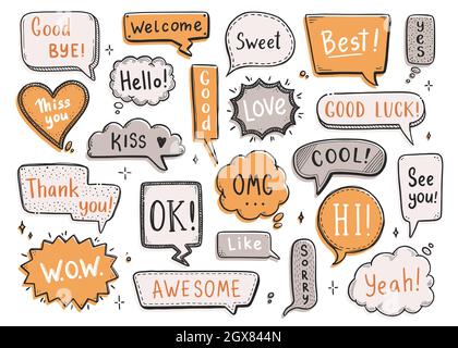 Komische Sprechblase mit Dialogwort Hi, ok, bye, Herzlich Willkommen. Handgezeichnete Skizze im Doodle-Stil. Vektordarstellung Sprechblase Chat, Nachrichtenelement. Stock Vektor