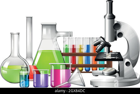 Wissenschaftliche Geräte mit Mikroskop und Bechergläsern Stock Vektor