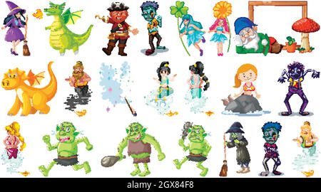 Set von Fantasy-Cartoon-Figuren und Fantasy-Thema auf weißem Hintergrund isoliert Stock Vektor