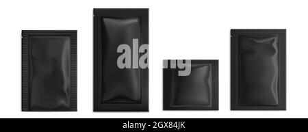 Schwarzer Beutel, Beutel mit Vektorsäcken, Feuchttücher, Papier- oder Folienverpackungen. Isolierte leere Verpackungen für Lebensmittel, Zucker, Salz, Kaffee oder Kosmetikproben auf weißem Hintergrund, realistisches 3d-Modell, Set Stock Vektor