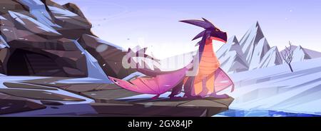 Winterdrache auf Felsen in verschneiten Bergen. Cartoon Fantasy-Charakter, magische Kreatur beobachten Gebiet. Märchen fliegende Tier, Buch oder Computerspiel Persönlichkeit, Vektor-Illustration Stock Vektor
