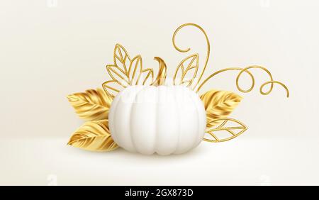 3d realistischer weißer goldener Kürbis mit goldenen Blättern, Locken isoliert auf weißem Hintergrund. Thanksgiving Hintergrund mit Kürbissen. Vektorgrafik Stock Vektor