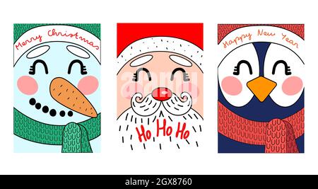 Drei niedliche Karten mit Schneemann, Santa und Pinguin Stock Vektor