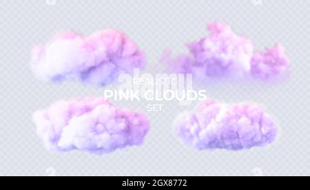 Rosa, blaue, violette Wolken isoliert auf transparentem Hintergrund. Realistische 3D-Wolkengruppe. Echter Transparenzeffekt. Vektorgrafik Stock Vektor