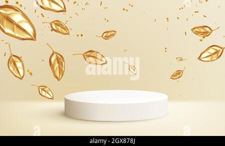 Szene für einen Produktspot mit herbstlichen goldenen Blättern. Produkt Podium modernes 3d realistisches Design. Verkaufshintergrund im Herbst. Vektorgrafik Stock Vektor
