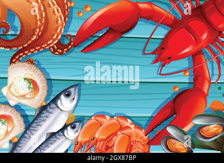 Set mit Meeresfrüchten auf Holzhintergrund Stock Vektor