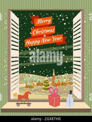 Frohe Weihnachten Fenster Wohnzimmer, Innenurlaub. Haus Zimmer dekoriert weihnachtsbaum Retro Spielzeug. Vektor-Illustration Cartoon Vintage-Stil Stock Vektor