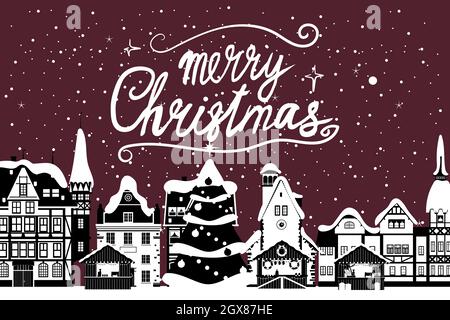 Vintage Banner Frohe Weihnachten, Winter Europa Altstadt Stadtbild. Grußkarte zur Stadtlandschaft. Vektor Illustration Cartoon Retro-Stil Stock Vektor