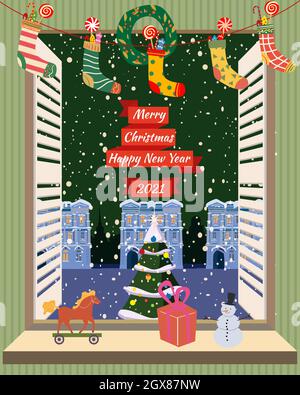 Frohe Weihnachten Fenster Wohnzimmer, Innenurlaub. Haus Zimmer dekoriert weihnachtsbaum Retro Spielzeug, Winter Altstadt Stadtbild Blick. Vektor Stock Vektor