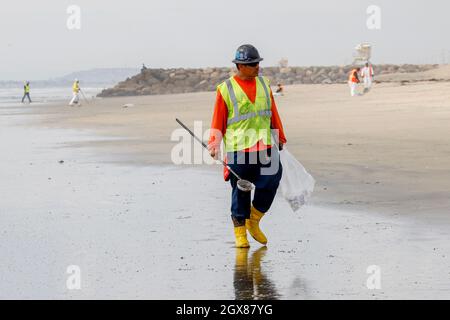 Huntington Beach, Kalifornien, USA. Oktober 2021. Freiwillige im Umweltbereich reinigen weiterhin Öl und Rückstände, die am Bolsa Chica State Beach an Land gespült wurden. Die Ölpest in der Pipeline hat zu Strandschließungen entlang eines 20 Meilen langen Strandabschnitt von Orange County geführt. (Bild: © Ron Lyon/ZUMA Press Wire) Stockfoto