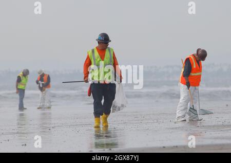 Huntington Beach, Kalifornien, USA. Oktober 2021. Freiwillige im Umweltbereich reinigen weiterhin Öl und Rückstände, die am Bolsa Chica State Beach an Land gespült wurden. Die Ölpest in der Pipeline hat zu Strandschließungen entlang eines 20 Meilen langen Strandabschnitt von Orange County geführt. (Bild: © Ron Lyon/ZUMA Press Wire) Stockfoto