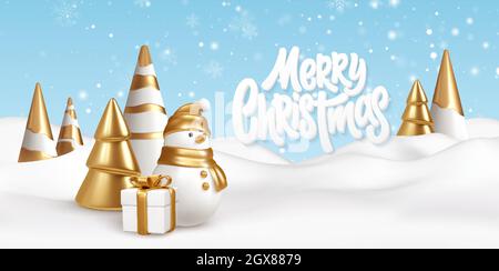 Frohe Weihnachten Hintergrund mit Schnee driftet Landschaft, Schneemann, Geschenk-und Weihnachtsbäume. Goldene und weiße Weihnachtsdekorationen. Vektorgrafik Stock Vektor