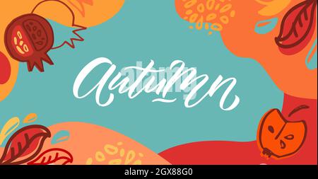 Herbst Vektor Hintergrund mit Schrift Typografie des Herbstes. Herbstikone, Abzeichen, Poster, Banner mit Signatur. Apfel, Blätter, Pomergranat. Herbst Stock Vektor