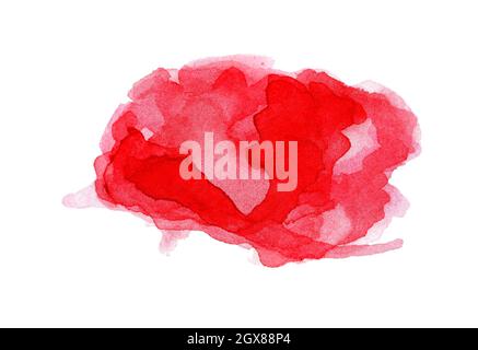 Roter Aquarellfleck mit Spritzern, Aquarellstrichen, Flecken und nassen Kanten. Hintergrundtextur zum Valentinstag. Isoliert auf weißem Hintergrund Stockfoto