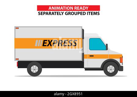 Weißer Lieferwagen. Express-Lieferdienste Nutzfahrzeug. Flache und durchgehende Vektorgrafik. Stock Vektor