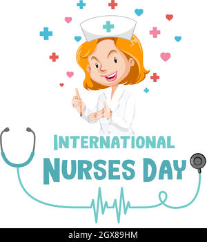 Happy International Nurses Day Schriftart mit Krankenschwester Zeichentrickfigur Stock Vektor