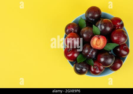 Blaue Schale mit Pflaumen auf gelbem Hintergrund. Stockfoto