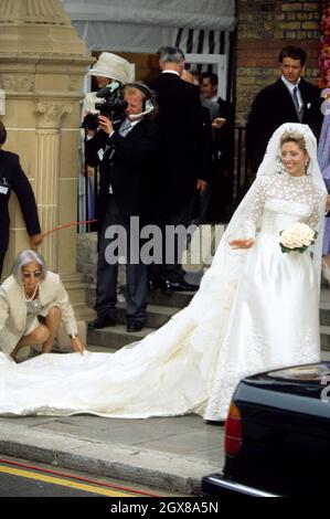 Marie-Chantal Miller kommt zur Sophia-Kathedrale in Bayswater, London, für ihre Hochzeit mit dem Exil-Kronprinzen Pavlos von Griechenland. Stockfoto