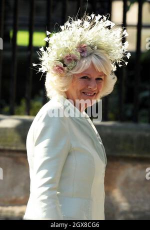 Camilla, Herzogin von Cornwall, nimmt am 30. Juli 2011 an der königlichen Hochzeit von Zara Phillips mit Mike Tindall in Canongate Kirk in Edinburgh Teil. Stockfoto