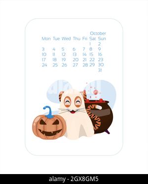 Kalender-Design-Vorlage für 2022 Jahr des blauen Tiger chinesischen neuen Jahres. Oktober Vektor Stock flache Abbildung. Cartoon-Monate für den Kalender Stock Vektor