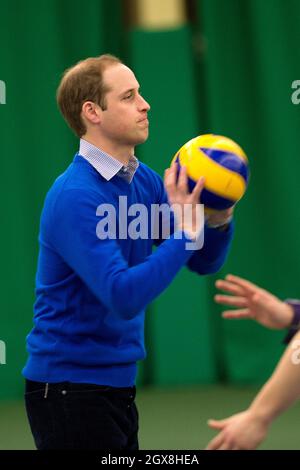 Prinz William, Herzog von Cambridge, spielt Volleyball während eines Besuchs bei einer Trainling-Trainingseinheit im Westway Sports Center in London. Stockfoto