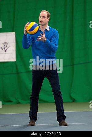 Prinz William, Herzog von Cambridge, spielt Volleyball während eines Besuchs bei einer Trainling-Trainingseinheit im Westway Sports Center in London. Stockfoto