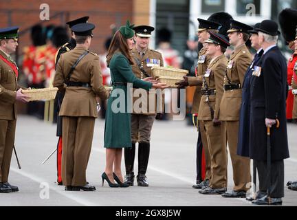 Catherine, Herzogin von Cambridge, stellt bei der St. Patrick's Day Parade in Mons Barracks in Aldershot am 17. März 2014 Schamhacken vor. Stockfoto