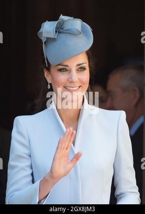 Catherine, Herzogin von Cambridge, verlässt die St. Andrew's Cathedral nach einem Ostersonntagsgottesdienst in Sydney, Australien. Stockfoto