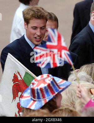 Prinz William begrüßt am 4. Juni 2002 nach einem Gottesdienst zur Feier des Goldenen Jubiläums der Königin in der Mall, dem Buckingham Palace, gute Gratulanten. Foto. Anwar Hussein Stockfoto