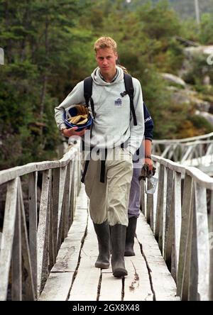 Prinz William auf dem Weg zur Reparatur von Gehwegen im Dorf Tortel, Südchile, während seiner Raleigh International Expedition, Dezember 2000. Foto. Anwar Hussein Stockfoto