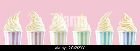 Eine Reihe von sechs bunt gestreiften Wannen zum Mitnehmen aus gewirbelter Vanille Eiscreme, die jeweils in einer anderen Form über einem rosa gestylt sind Hintergrund in einem Panorama-Banner oder Stockfoto
