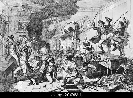Rebellen zerstören ein Haus während der irischen Rebellion von 1798, einem großen Aufstand gegen die britische Herrschaft in Irland. Die Hauptorganisationskraft war die Gesellschaft der Vereinigten Iren, eine republikanische revolutionäre Gruppe, die von den Ideen der amerikanischen und französischen Revolution beeinflusst wurde. Die Karikatur von George Cruikshank (1792-1878), einem britischen Karikaturisten, dessen Feindseligkeit gegenüber den Feinden Großbritanniens und ein grober Rassismus deutlich werden, zeigt sich in seinen Illustrationen, die 1798 als Begleitfilm zu William Maxwells Geschichte der irischen Rebellion in Auftrag gegeben wurden. Stockfoto