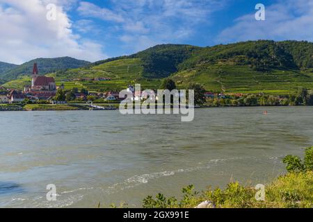 Wachau bei Durnstein, UNESCO-Weltkulturerbe, Landschaft mit Weinbergen und Donau, Österreich Stockfoto