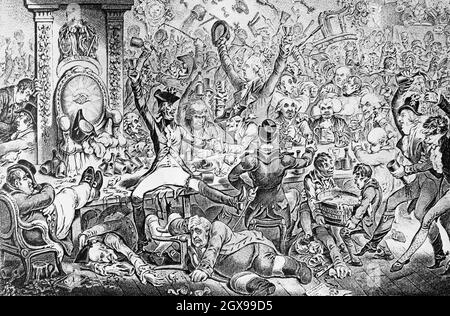 Eine Karikatur der anglo-irischen Feierlichkeiten im Union Club nach der Einführung des Act of Union von 1801, einer legislativen Vereinbarung zwischen Großbritannien (England und Schottland) und Irland unter dem Namen des Vereinigten Königreichs von Großbritannien und Irland. Stockfoto