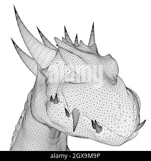 Drachenkopf-Drahtmodell aus schwarzen Linien auf weißem Hintergrund isoliert. Vorderansicht. 3D. Vektorgrafik. Stock Vektor