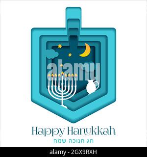 Happy Hanukkah, Jüdisches Festival der Lichter Papierschnitt-Grußkarte mit Chanukka-Symbolen Dreidels, Kreide, hebräische Buchstaben, Menorah-Kerzen, Öl j Stock Vektor