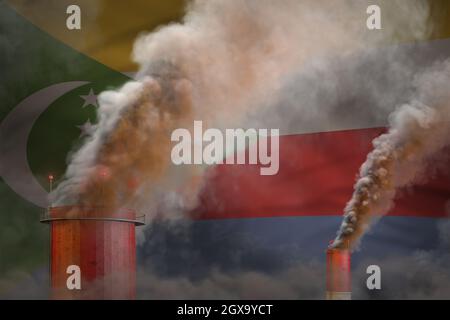 Dichter Rauch von Industrieschornsteinen auf Komoren-Flagge - Konzept der globalen Erwärmung, Hintergrund mit Platz für Ihr Logo - industrielle 3D-Illustration Stockfoto
