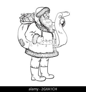 Der Weihnachtsmann liest einen Brief. Santa Claus trägt eine Tasche mit Geschenken, Stock Vektor Illustration. Stock Vektor