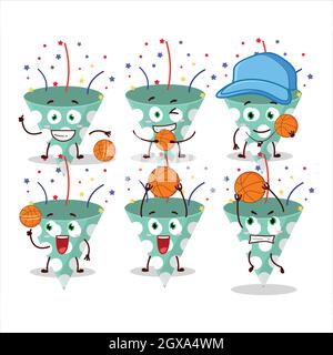Talentierter grüner Party Popper mit Konfetti Cartoon-Figur als Basketballsportler. Vektorgrafik Stock Vektor