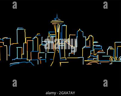 Farbenfrohe Seattle Panorama Zeichnung auf Schwarz. Gut gearbeitete Vektorskizze für den privaten und kommerziellen Gebrauch. Stock Vektor