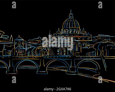 Bunte Skyline von Rom Zeichnung auf schwarz. Gut gearbeitete Vektorskizze für den privaten und kommerziellen Gebrauch. Stock Vektor