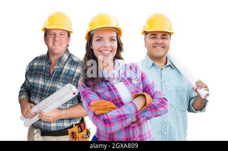 Weibliche und männliche Auftragnehmer in Hard Hats isoliert auf weißem Hintergrund. Stockfoto