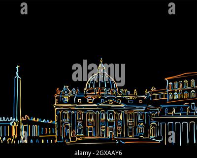 Bunte Vatikanstadt Zeichnung auf schwarz. Gut gestaltete Vektorskizze für den privaten und kommerziellen Gebrauch. Stock Vektor