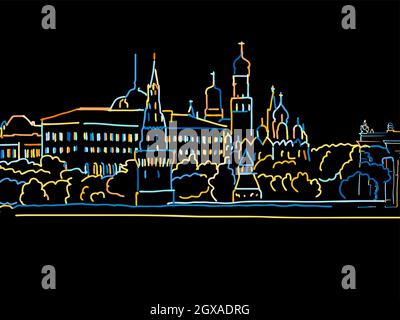 Buntes Moskau Panorama Zeichnung auf schwarz. Gut gestaltete Vektorskizze für den privaten und kommerziellen Gebrauch. Stock Vektor