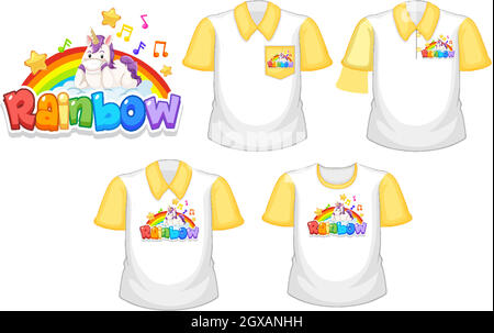 Regenbogen mit Einhorn-Logo und Set aus verschiedenen weißen Hemd mit gelben kurzen Ärmeln isoliert auf weißem Hintergrund Stock Vektor