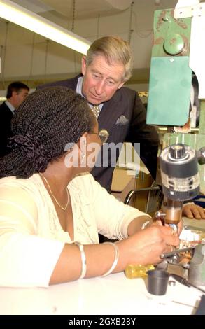 Der Prinz von Wales spricht am Donnerstag, den 10. Februar 2005, mit Paulette Grant über Eheringe in der Goldsmiths' Hall in der City of London, wo er junge Juweliere und Silberschmiede traf und Beispiele ihrer Arbeit sah. Clarence House gab heute bekannt, dass Prinz Charles seine langjährige Gefährtin Camilla Parker Bowles am Freitag, den 8. April 2005, im Schloss Windsor heiraten wird. Anwar Hussein/allactiondigital.com Stockfoto