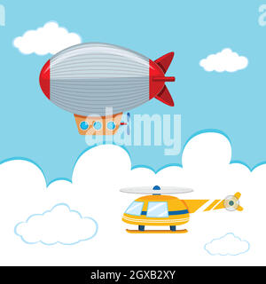 Blimp und Hubschrauber am Himmel Stock Vektor