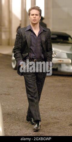 Frances O'Connor und Sam Rockwell am Set von 'Picadilly Jim in London. Stockfoto